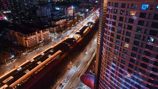 航拍秦皇岛城市夜景酒店