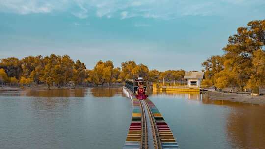 额济纳胡杨林小火车内蒙古风景秋天胡杨