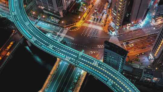 航拍夜晚城市高架桥车流