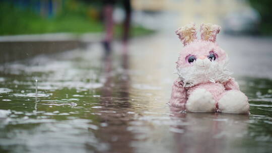 雨水中的兔子玩偶