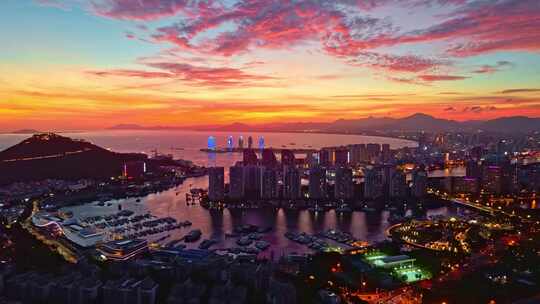 海南三亚三亚湾日落晚霞自贸港城市夜景延时