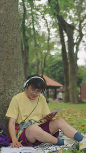 戴耳机的亚洲学生在公园学习
