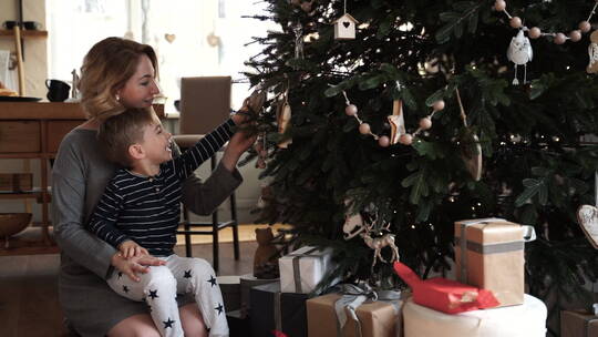 妈妈和儿子一起装饰圣诞树