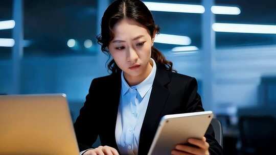 女商人办公室使用笔记本和平板