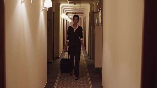 入住后，带手提箱的时尚黑人女性在酒店大厅散步