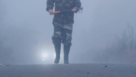 拿着斧头的士兵走在雾中