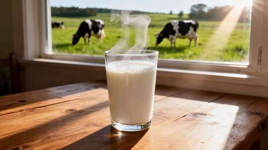 窗边木桌上的一杯热牛奶