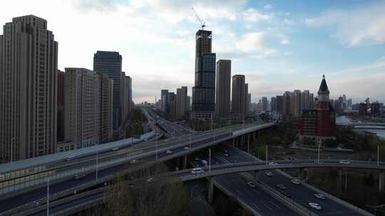 天津海河复兴门地铁站海津大桥城市交通风光