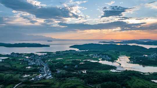 江西九江庐山脚下鄱阳湖村落高空航拍延时