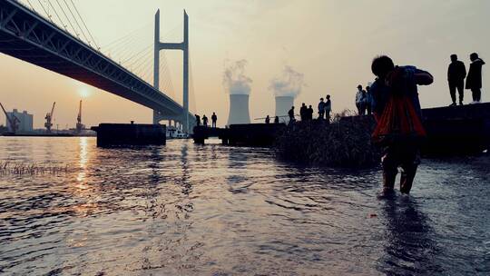 黄浦江闵浦大桥傍晚夕阳视频素材模板下载