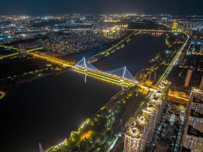 辽宁沈阳城市富民桥夜景航拍延时