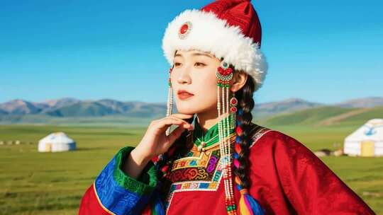 草原上穿蒙古族服饰的女子