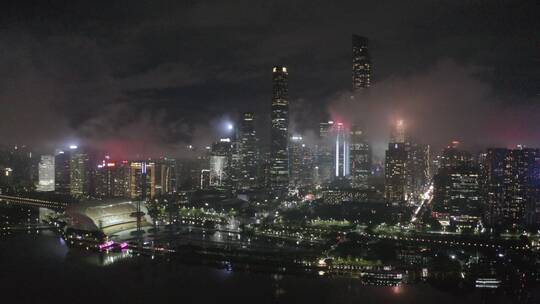 广州市中心珠江新城雨天夜景航拍