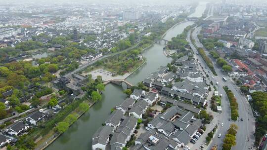 4k 航拍江苏苏州胥门运河两岸古建筑古民居