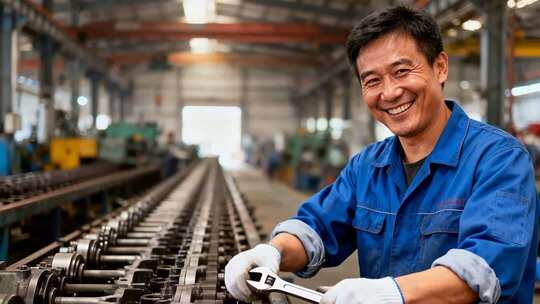工厂工人微笑手持扳手作业