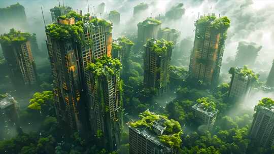 城市废墟末日景象 废弃的高楼大厦乡村别墅