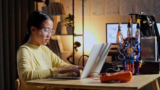 青少年亚洲女孩思考同时工作关于一个半机械人手上一台笔记本电脑在家