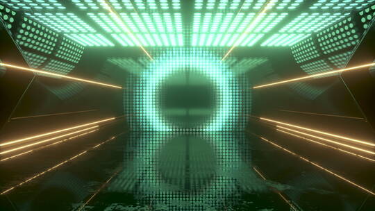 穿梭在绿色灯光照耀的大厅 3D渲染