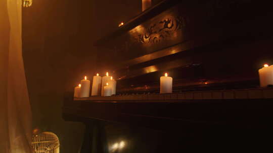 复古钢琴上的蜡烛，房间里有温暖的环境灯光