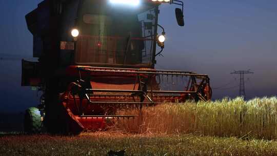 河南洛阳三夏麦收粮食丰收收割机昼夜作业