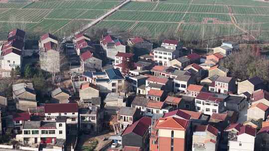 乡村全景俯瞰房屋农田景象