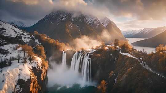 雪山瀑布自然风光全景