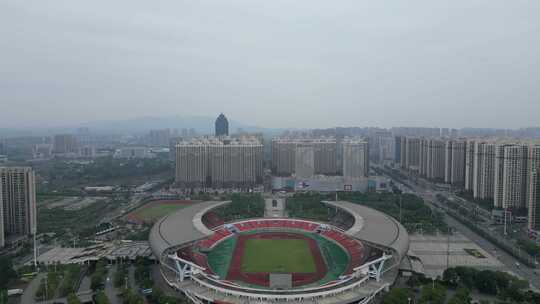 航拍湖北荆门市生态运动公园体育场