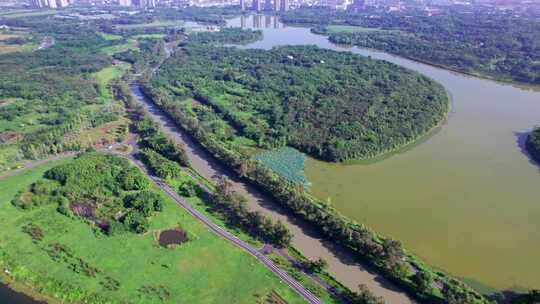 成都青龙湖湿地公园清晨白昼航拍