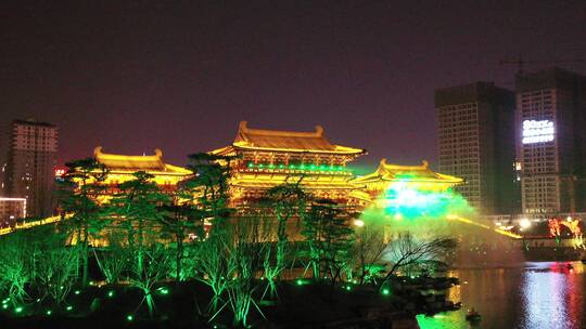 航拍九洲池夜景灯光秀古风视频素材模板下载