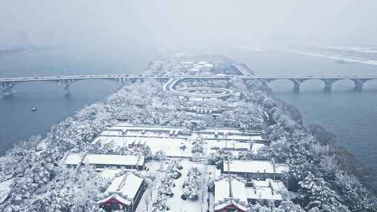 长沙湘江橘子洲大雪雪景航拍