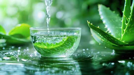 绿色天然芦荟健康新鲜叶子水滴入杯中露珠