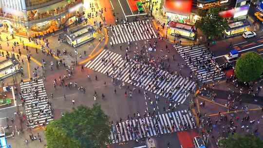 穿越著名东京涩谷的人交叉步行鸟瞰图