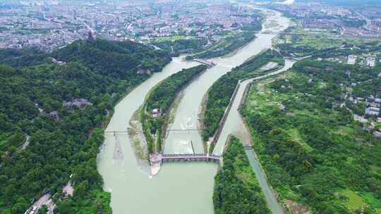 都江堰景区宝瓶口、鱼嘴分水堤、飞沙堰航拍