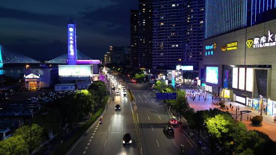 航拍湖北宜昌沿江大道万达广场夜景