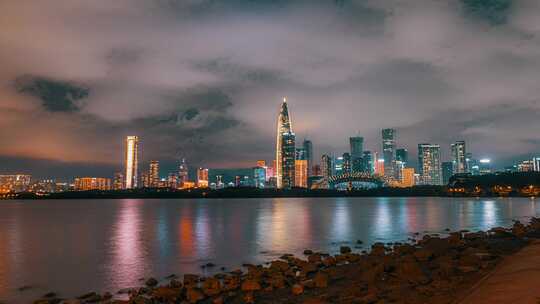 深圳后海总部基地海滨建筑夜景延时