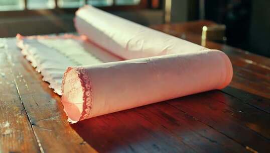 木质桌面上的粉色布料素材