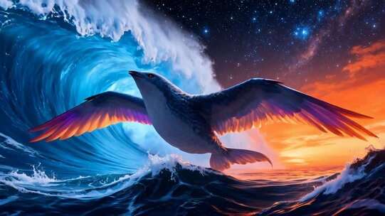 海鸟于星空下海浪间翱翔画面