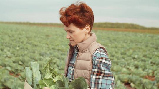 女人抱着一篮子蔬菜在农田里行走