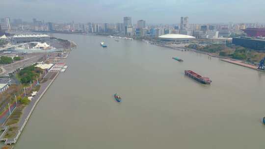 上海黄浦江上面的游船船只船舶视频素材航拍视频素材模板下载