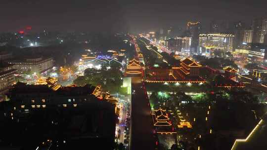 陕西西安永宁门夜景西安城墙夜景航拍