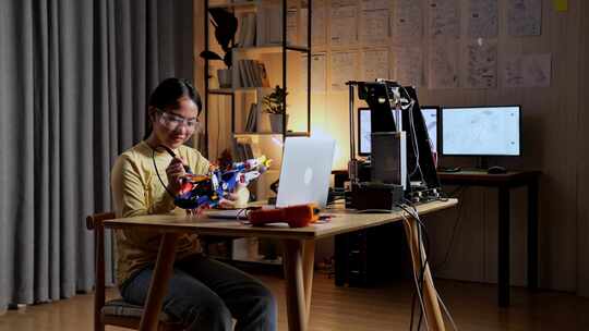 青少年亚洲女孩修复一个机器人手在家