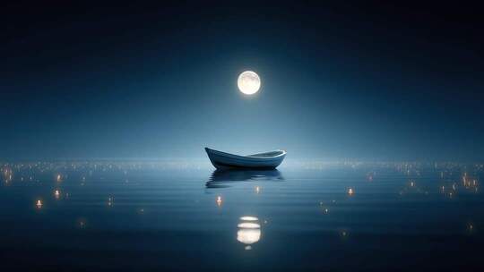 月光之下小船漂泊于宁静水面