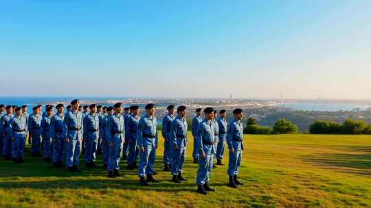 军人草地列队训练场景