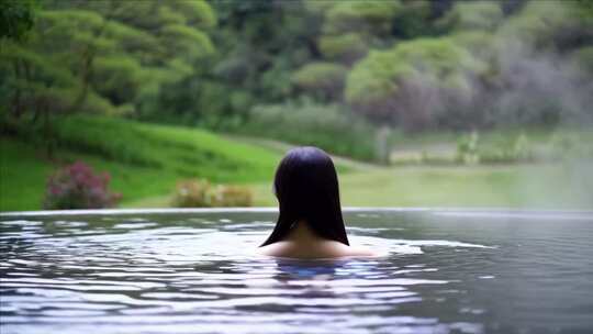 女子户外泡温泉赏景