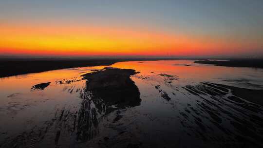 黄河河道夕阳自然风景航拍