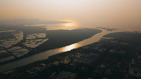 夕阳海口视频香港金色夕阳下深圳河入海口