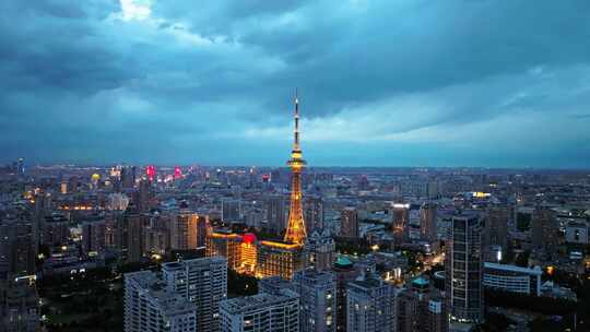 中国黑龙江哈尔滨龙塔城市夜景风光航拍