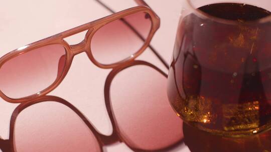 粉色背景下太阳镜和冷饮的夏日概念视频素材模板下载