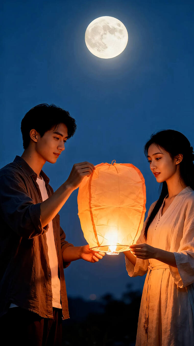 中秋节情侣一家人放孔明灯竖版视频
