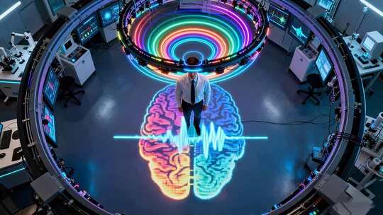 科技实验室人物与大脑光影展示